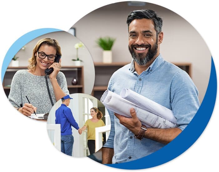 Man holding papers, a woman talking on the phone and contractors shaking hands with customers